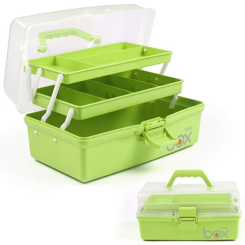 TERGOO 12in Three-Layer Multipurpose Storage Box Folding Tool Box/Art & Crafts Case/Sewing Supplies Organizer/Medicine Box/Family First Aid Box with 2 Trays (Green) - Image 1